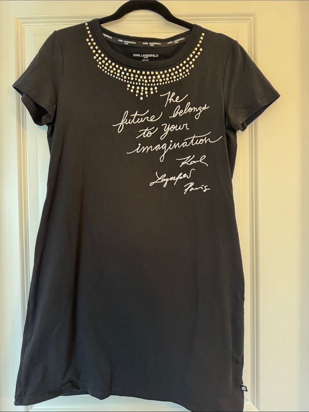 Karl Lagerfeld Black Mini Dress with Rhinestone Neckline and Script